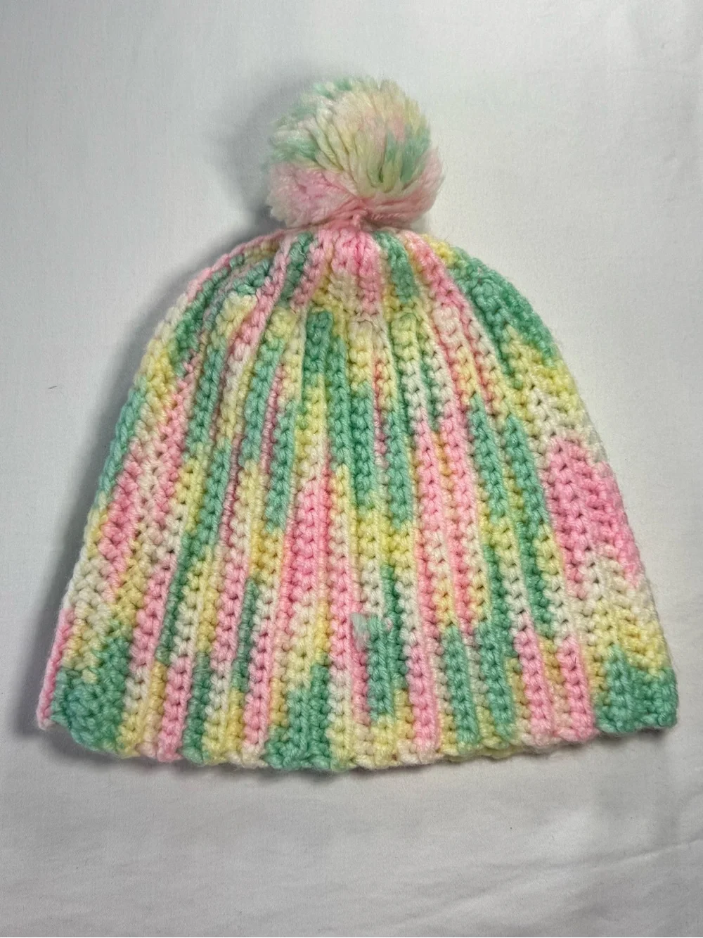 Handmade Lot of 2 Crocheted Pastel Beanie Hats Pink Green Yellow White